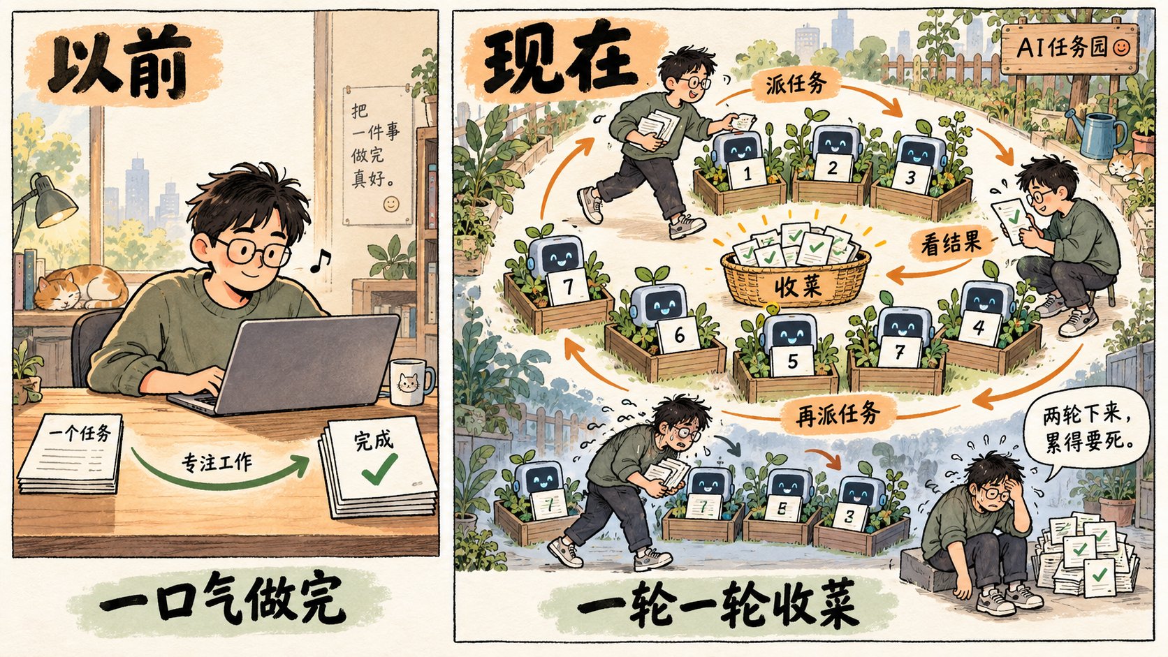 漫画:从专注完成一个任务,变成在多个 AI 任务之间一轮轮收菜。