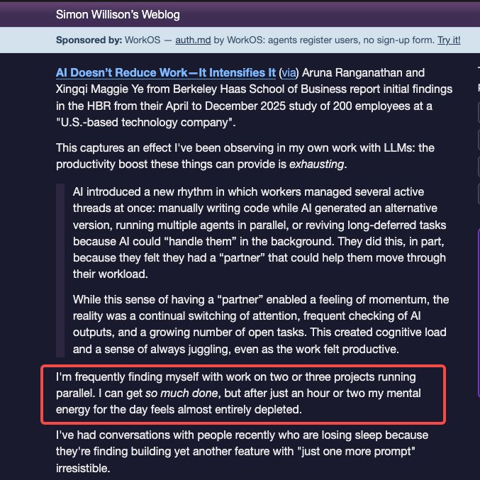 Simon Willison 的博文截图:并行推进两三个项目,一两个小时就几乎耗尽一天的脑力。