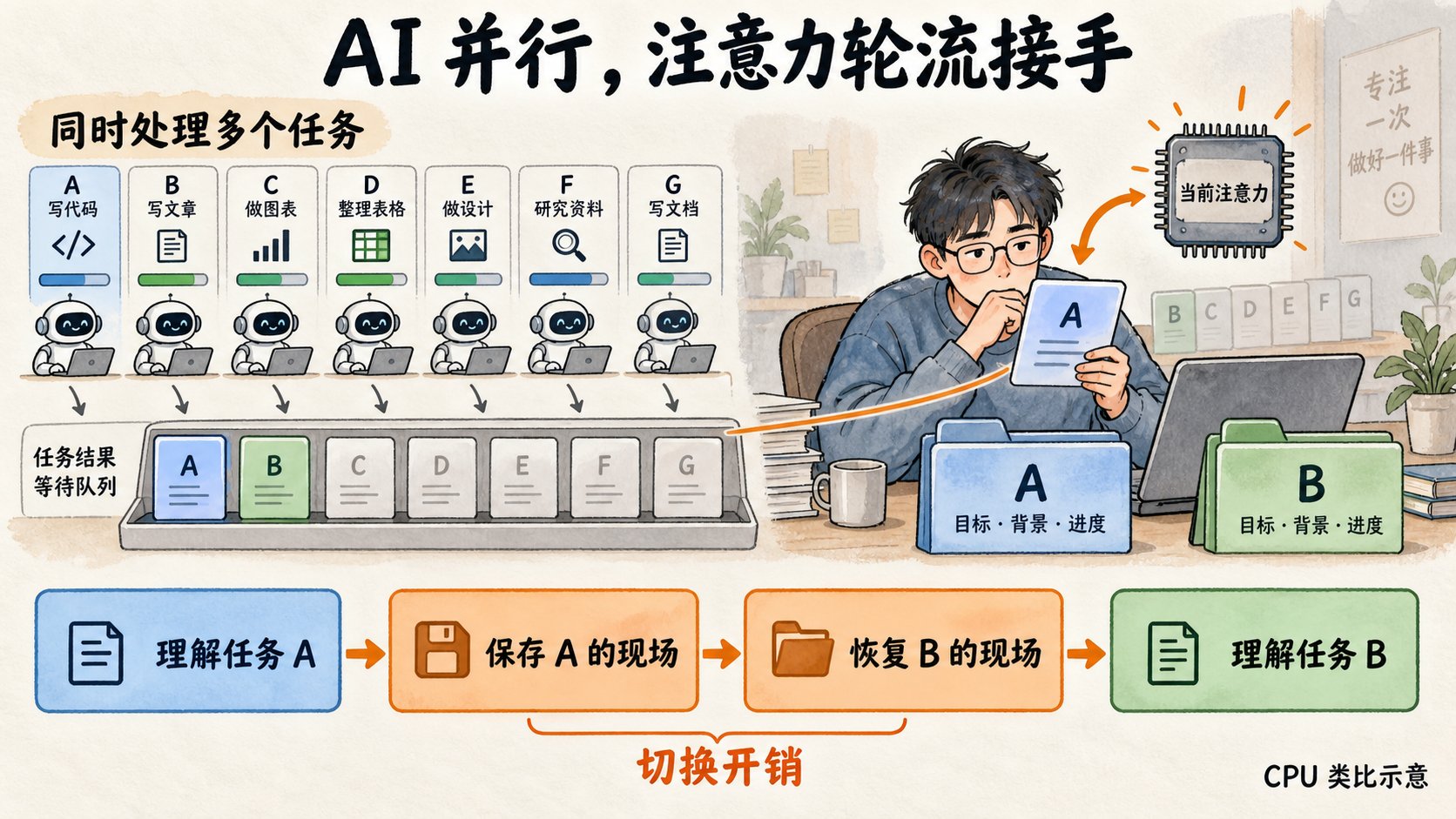 CPU 类比示意:AI 并行处理任务,人的注意力却需要逐个接手,并承担保存和恢复上下文的切换开销。