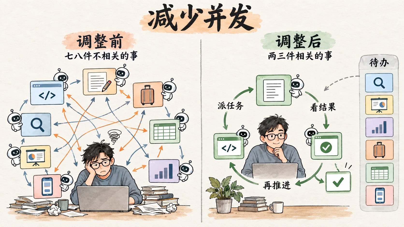 减少并发:从七八件不相关的事,调整为两三件相关的事。